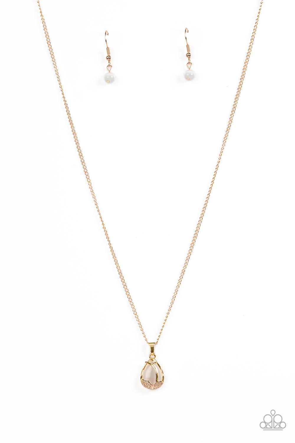 Top-Notch Trinket - GoldLeafy Frames/White Cat's Eye Stone Pendant Paparazzi Necklace & matching earrings