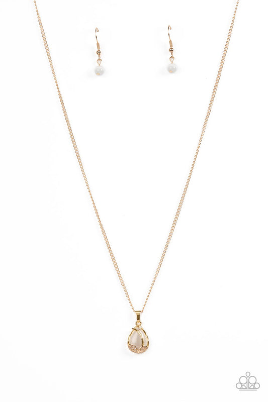 Top-Notch Trinket - GoldLeafy Frames/White Cat's Eye Stone Pendant Paparazzi Necklace & matching earrings