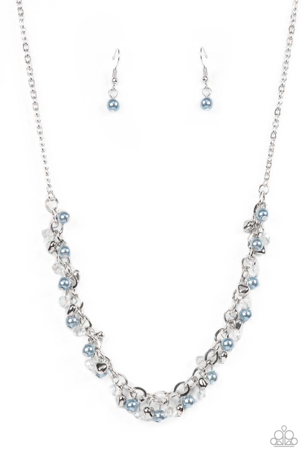 Soft-Hearted Shimmer - Blue Pearls, White Crystal-Like Accents, & Silver Heart Beaded Paparazzi Necklace & matching earrings