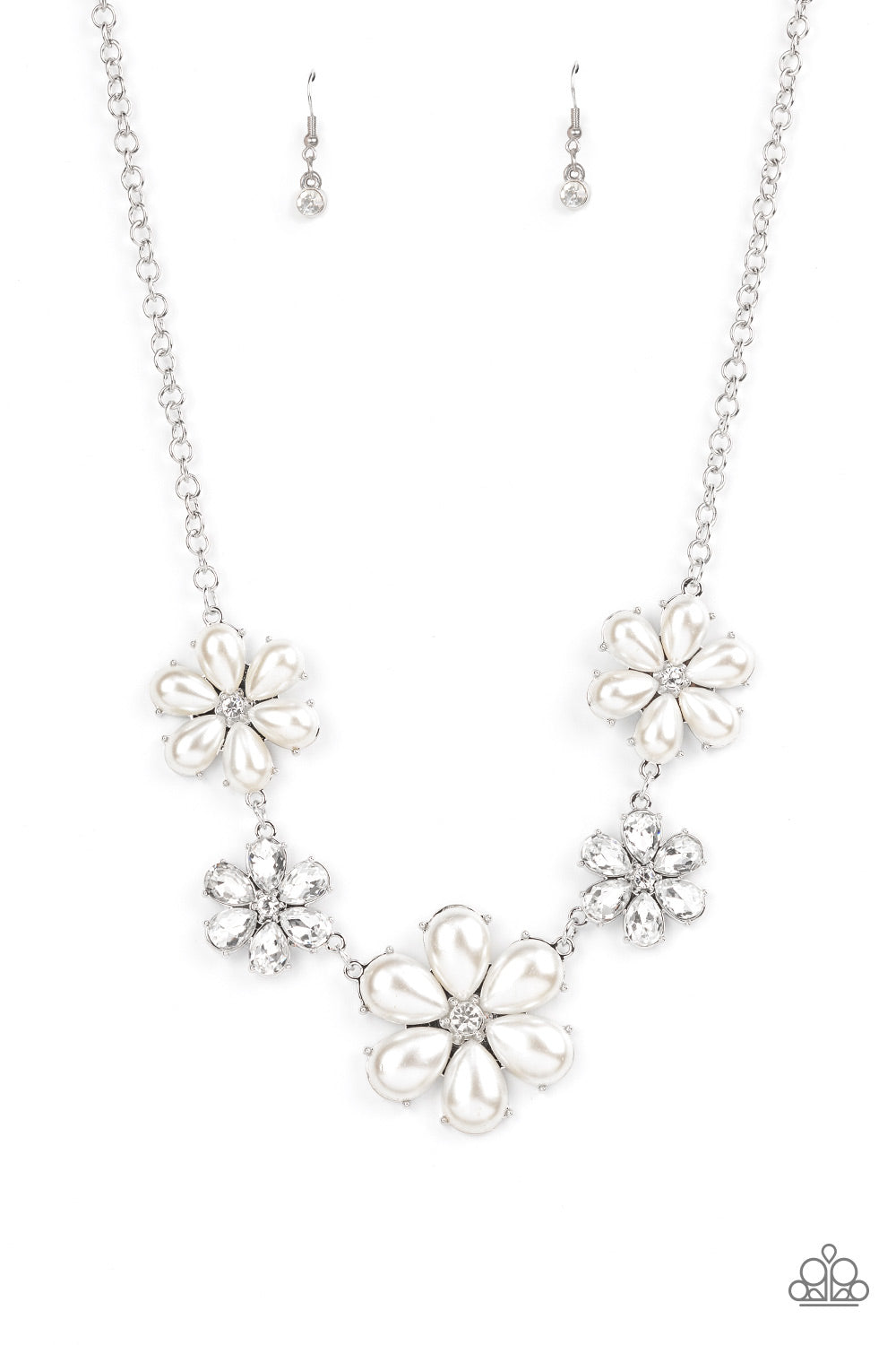 Fiercely Flowering - White Rhinestone & Pearl Flower Paparazzi Necklace & matching earrings