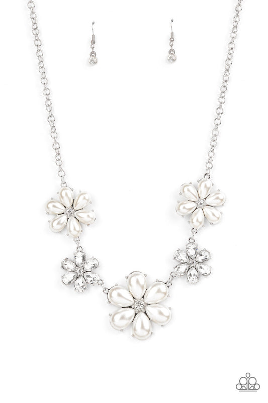 Fiercely Flowering - White Rhinestone & Pearl Flower Paparazzi Necklace & matching earrings