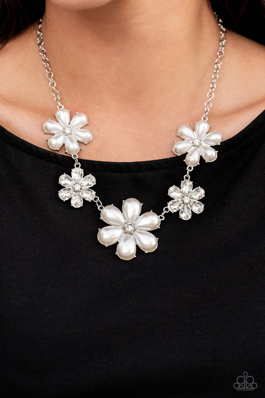 Fiercely Flowering - White Rhinestone & Pearl Flower Paparazzi Necklace & matching earrings