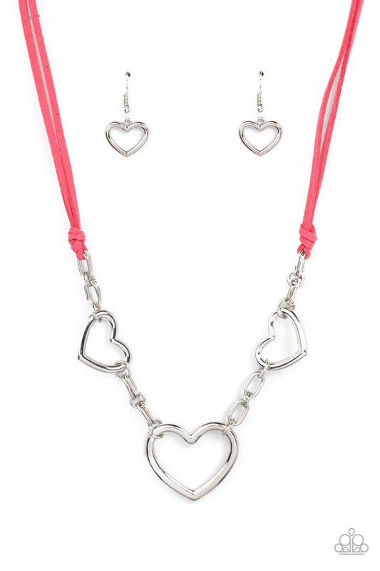 Fashionable Flirt - Pink Suede & Silver Heart Paparazzi Necklace & matching earrings