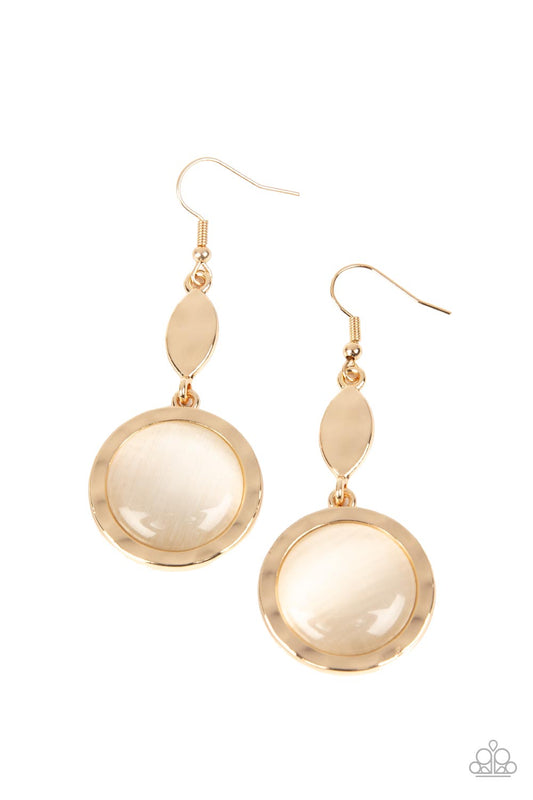 Magically Magnificent - Gold Hammered Frame & Oversized White Cat's Eye Stone Paparazzi Earrings