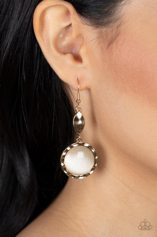 Magically Magnificent - Gold Hammered Frame & Oversized White Cat's Eye Stone Paparazzi Earrings