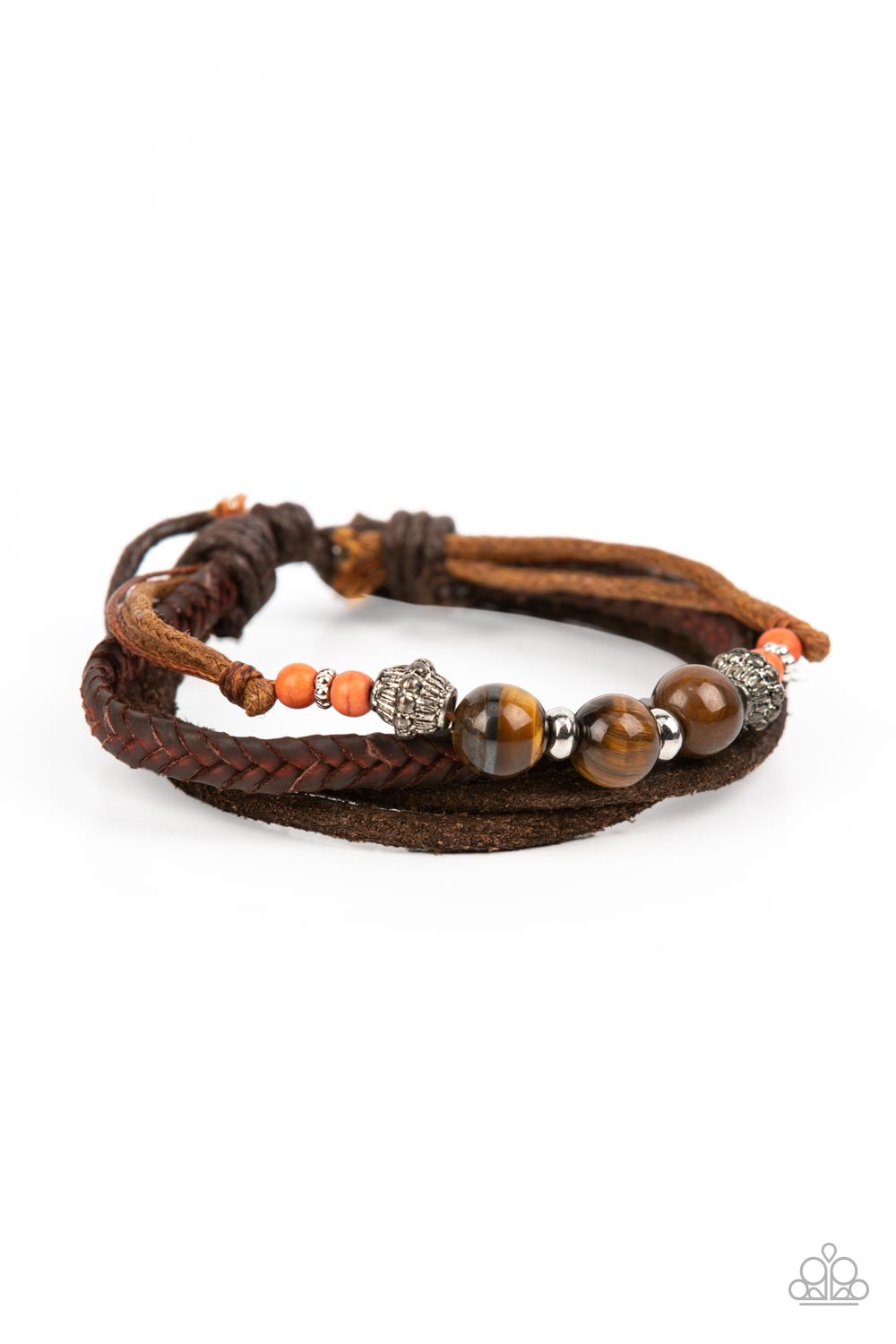 Tundra Tracker - Orange Accents, Tiger's Eye Stones, Decorative Silver Beads, & Mismatched Leather Band Paparazzi Urban Bracelet