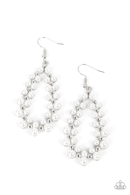 Absolutely Ageless - White Pearls & Studded Silver Teardrop Paparazzi Earrings
