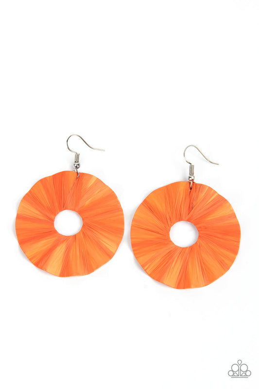 Fan the Breeze - Orange Crepe-Like Paper Covered Rippling Disc Paparazzi Earrings
