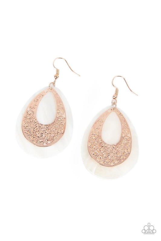 Bountiful Beaches - Rose Gold Stenciled Teardrop & White Shell-Like Teardrop Paparazzi Earrings