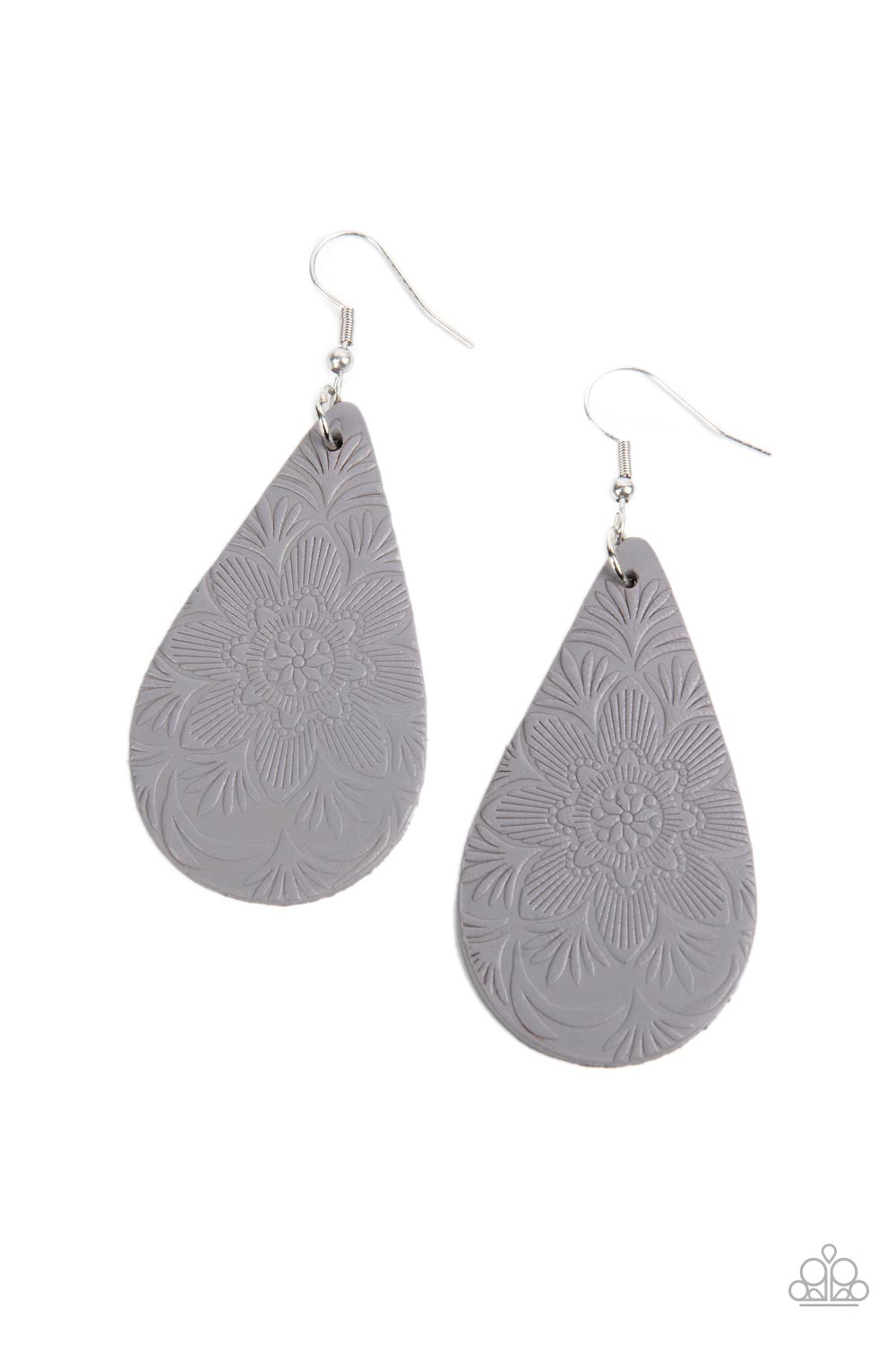 Subtropical Seasons - Silver/Gray Leather with Embossed Tropical Floral Pattern Paparazzi Earrings