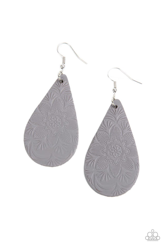 Subtropical Seasons - Silver/Gray Leather with Embossed Tropical Floral Pattern Paparazzi Earrings