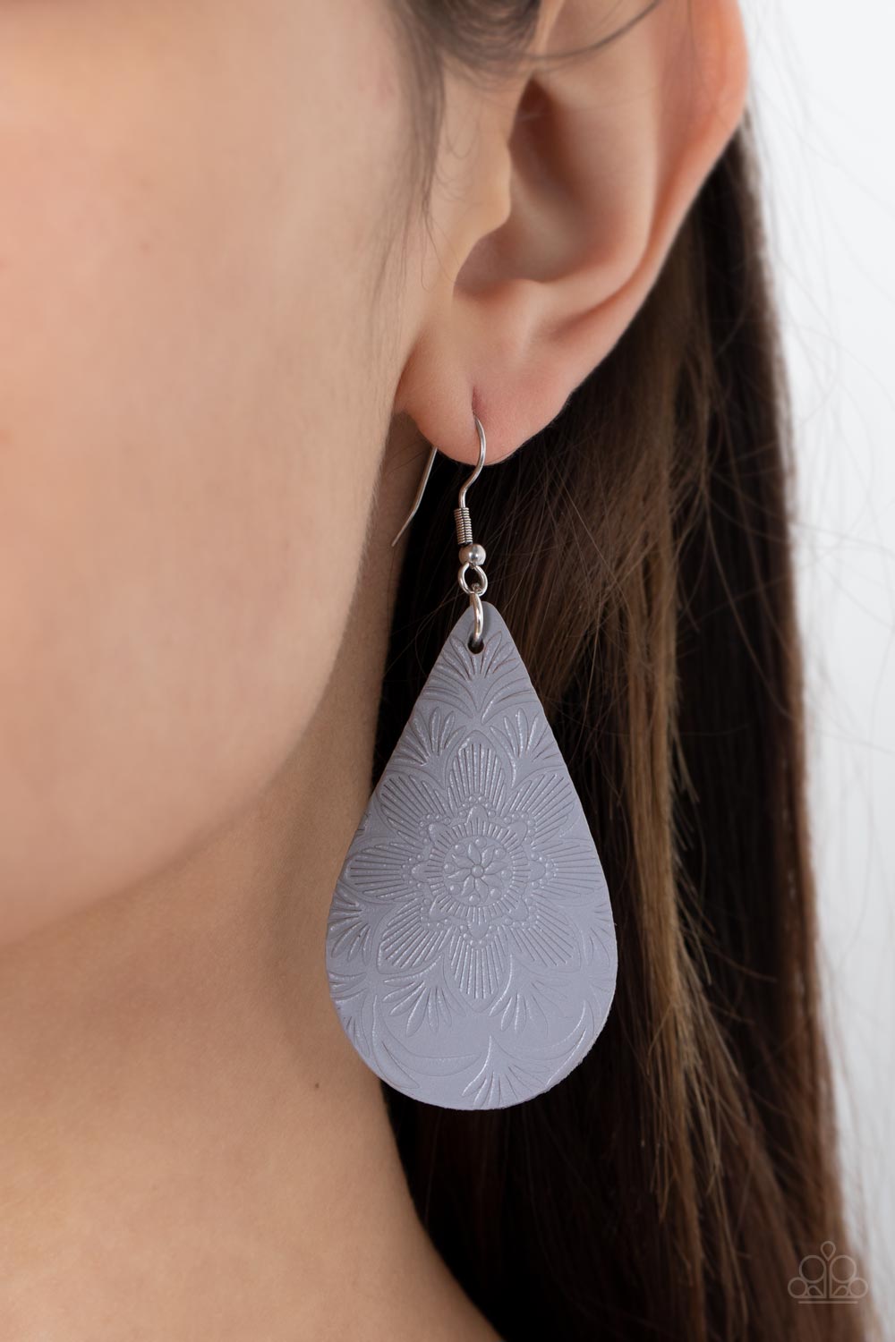 Subtropical Seasons - Silver/Gray Leather with Embossed Tropical Floral Pattern Paparazzi Earrings