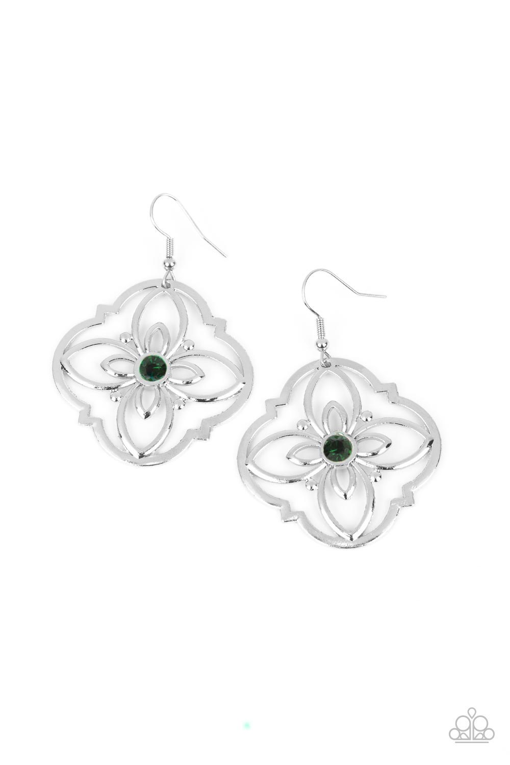 Treasure GROVE - Green Rhinestone & Silver Airy Floral Frame Paparazzi Earrings