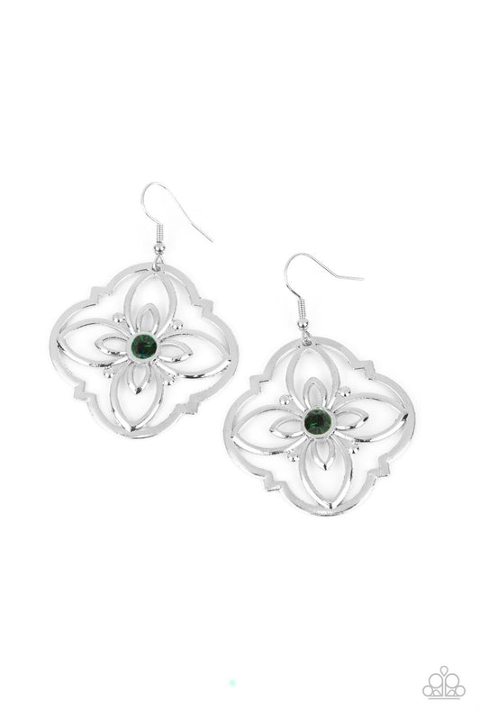Treasure GROVE - Green Rhinestone & Silver Airy Floral Frame Paparazzi Earrings