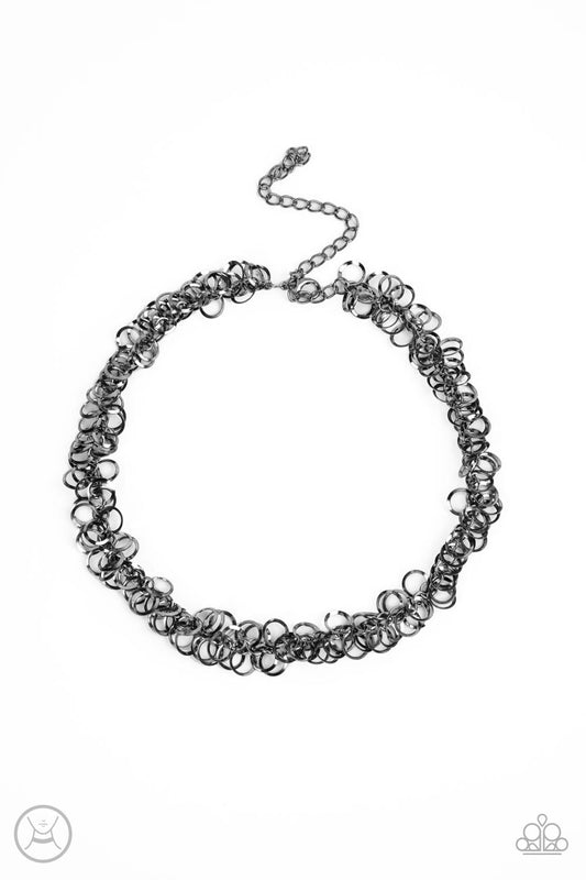 Cause a Commotion - Gunmetal Flat/Beveled Hoop Paparazzi Choker Necklace & matching earrings