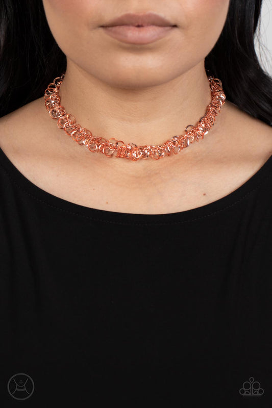 Cause a Commotion - Copper Flat & Beveled Hoop Fringe Paparazzi CHOKER Necklace & matching earrings