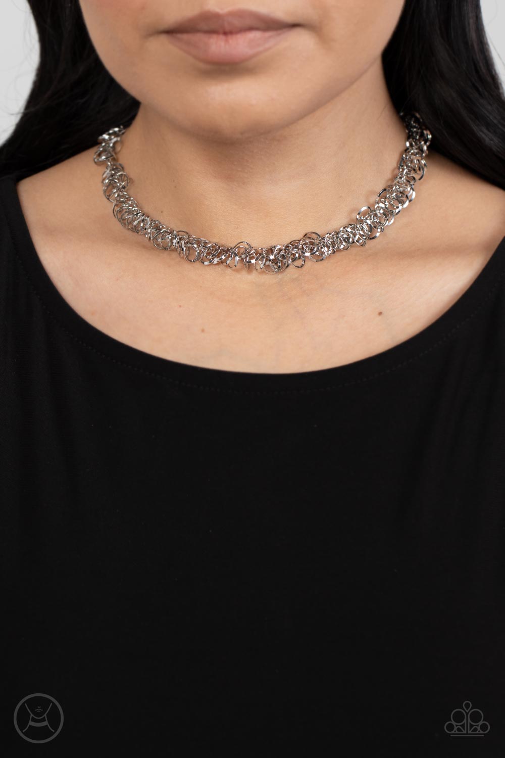 Cause a Commotion - Silver Flat & Beveled Hoop Cluster Paparazzi Choker Necklace & matching earrings