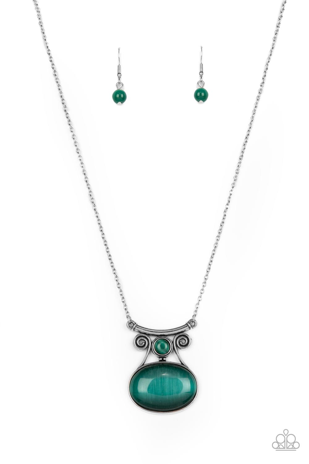 One DAYDREAM At A Time - Green Oversized Cat's Eye Stone Pendant Paparazzi Necklace & matching earrings