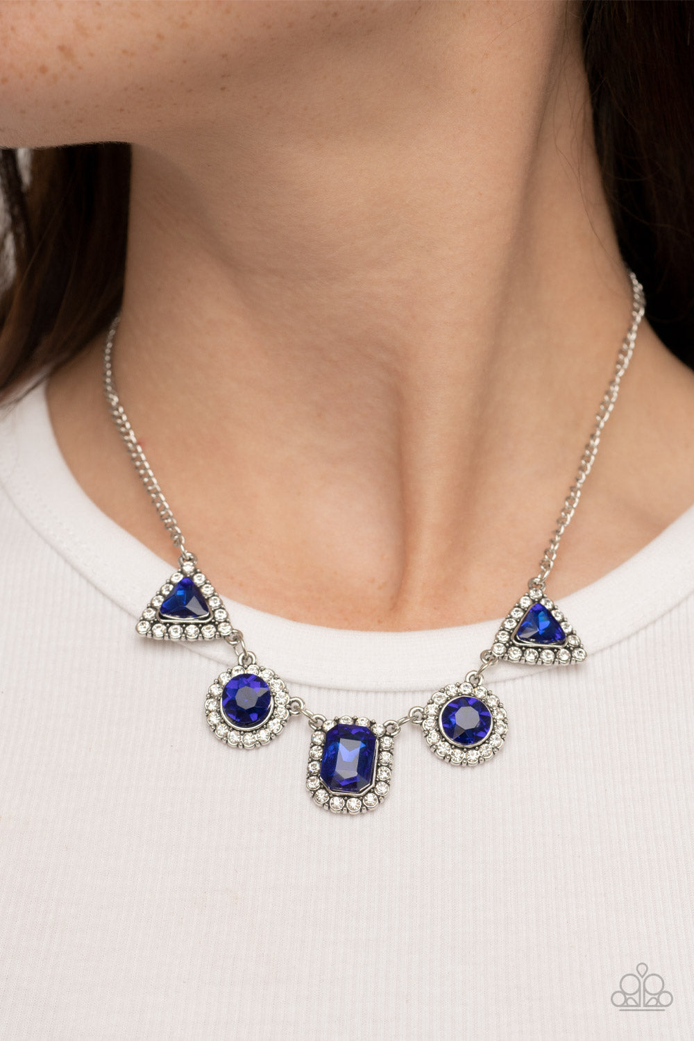 Posh Party Avenue - Blue Triangle, Round, & Emerald-Style Rhinestone Paparazzi Necklace & matching earrings