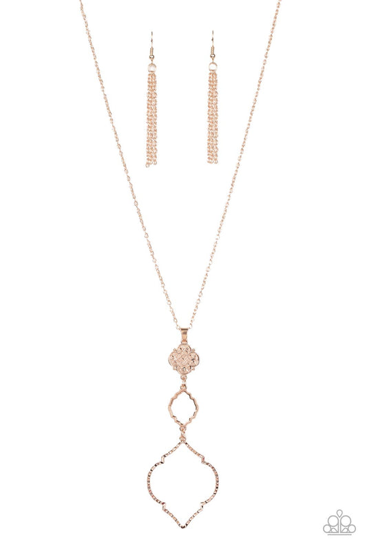 Marrakesh Mystery - Rose Gold Mandala-Like Pattern Pendant Paparazzi Necklace & matching earrings