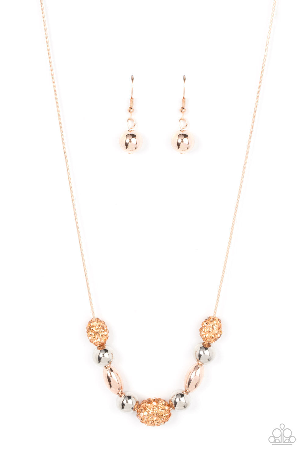 Space Glam - Multi Silver & Rose Gold Beads/Golden Rhinestone Paparazzi Necklace & matching earrings