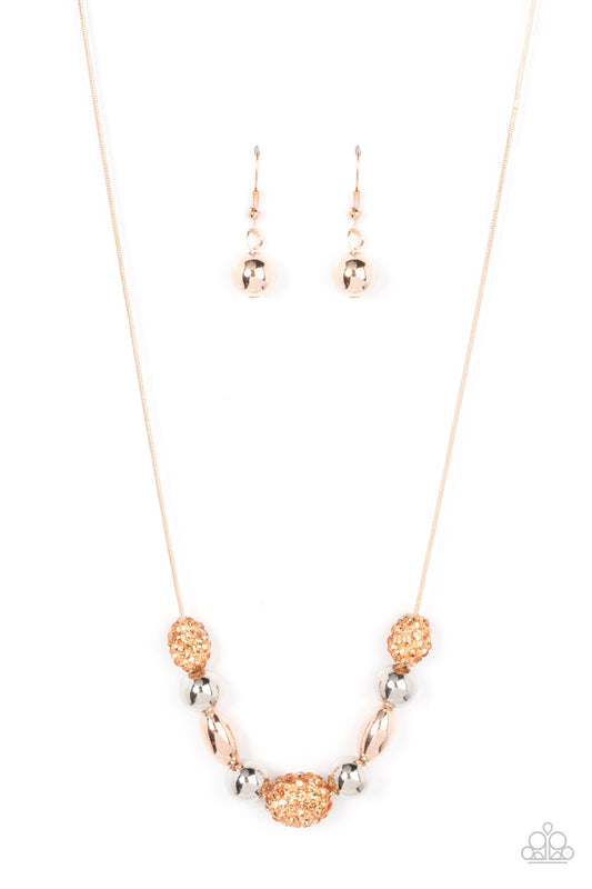 Space Glam - Multi Silver & Rose Gold Beads/Golden Rhinestone Paparazzi Necklace & matching earrings