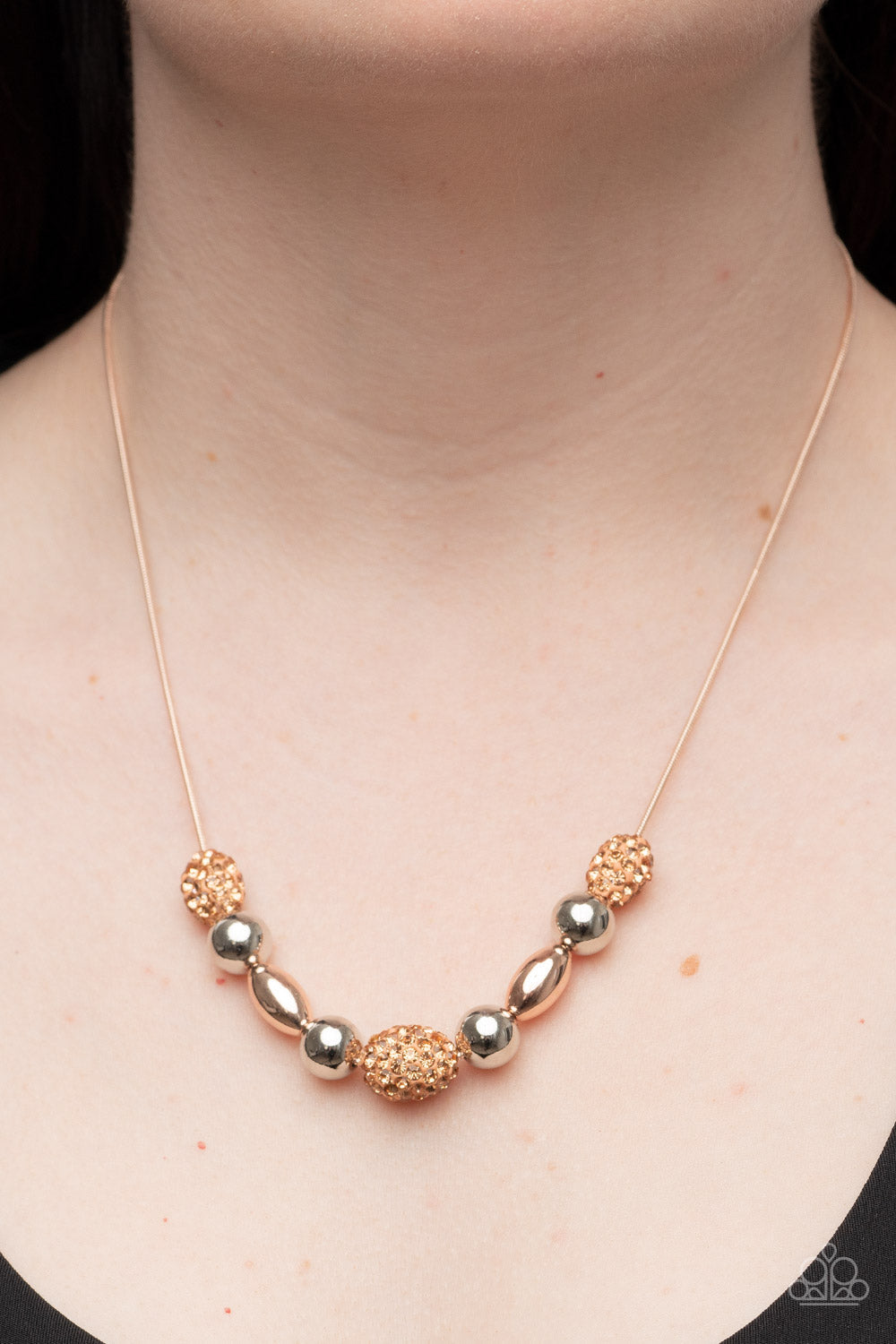 Space Glam - Multi Silver & Rose Gold Beads/Golden Rhinestone Paparazzi Necklace & matching earrings