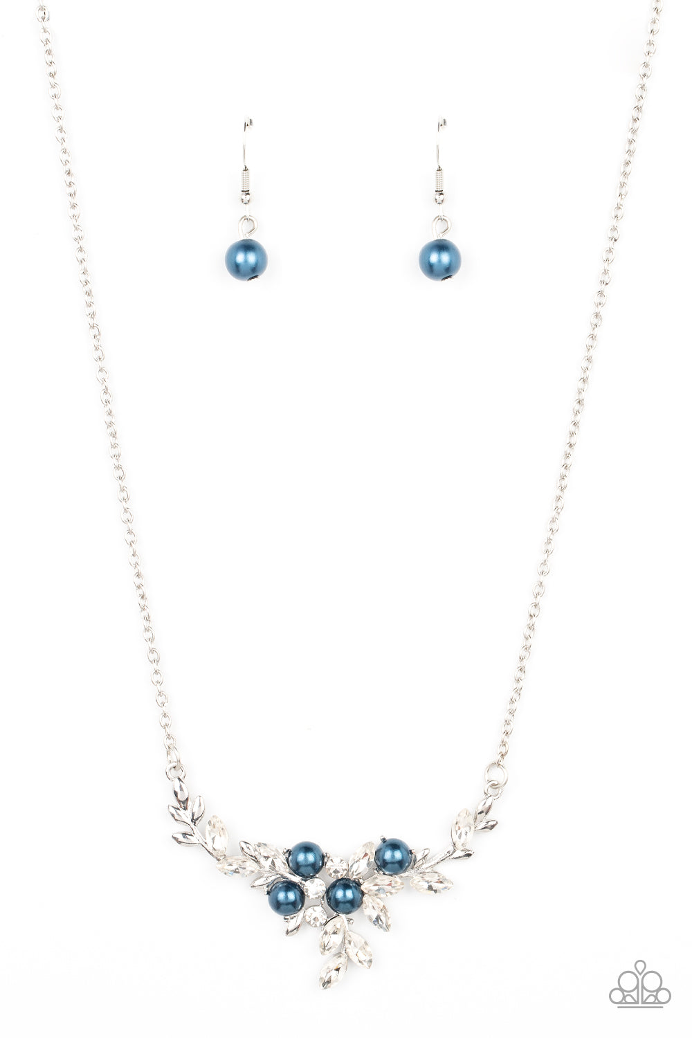Because Im The Bride - Blue Bubbly Pearls, White Rhinestones & Dainty Silver Branches Paparazzi Necklace & matching earrings