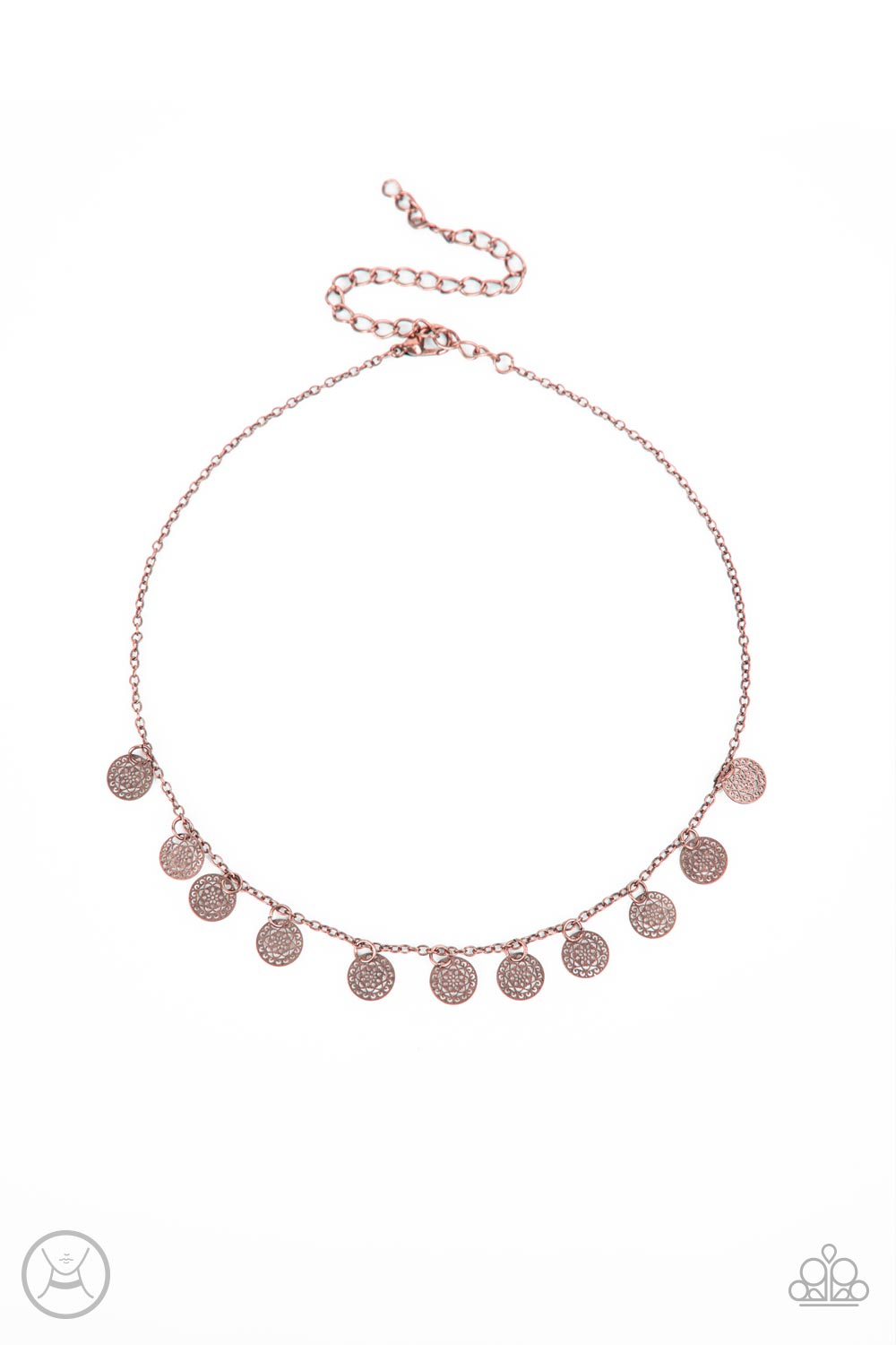 On My CHIME - Copper Mandala-Like Copper Swinging Copper Disc Paparazzi Choker Necklace & matching earrings