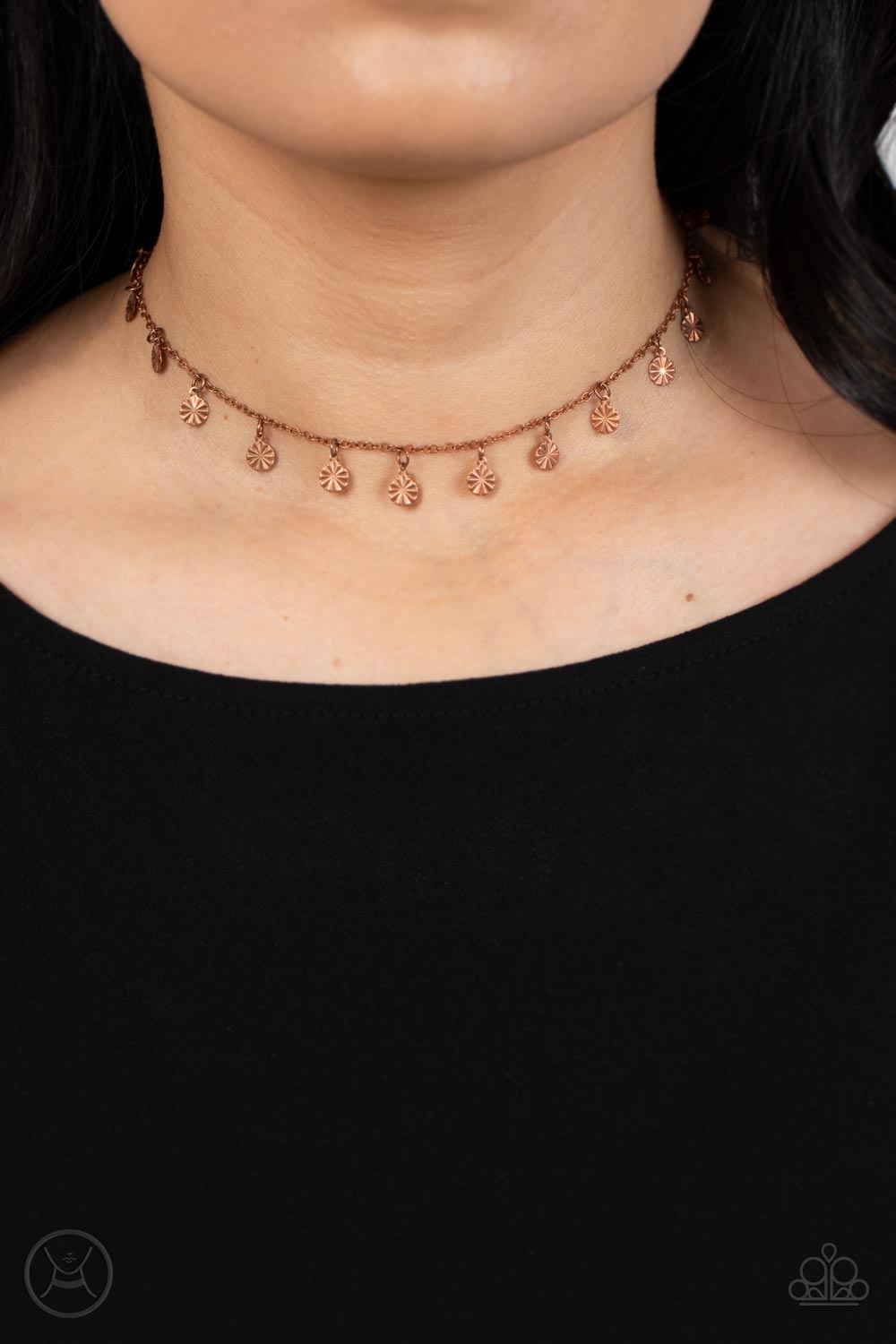 Chiming Charmer - Copper Crinkled Discs & Antiqued Copper Chain Paparazzi CHOKER Necklace & matching earrings