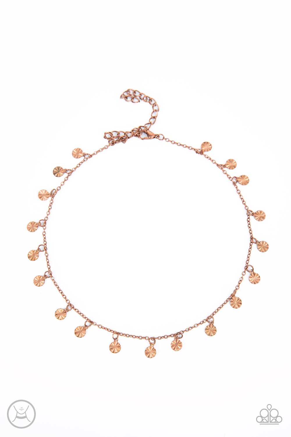 Chiming Charmer - Copper Crinkled Discs & Antiqued Copper Chain Paparazzi CHOKER Necklace & matching earrings