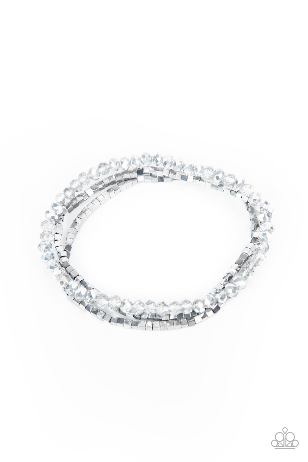 Just a Spritz - Silver Cube & Smoky Crystal-Like Beaded Paparazzi Set of 3 Stretch Bracelets