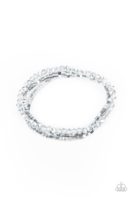 Just a Spritz - Silver Cube & Smoky Crystal-Like Beaded Paparazzi Set of 3 Stretch Bracelets