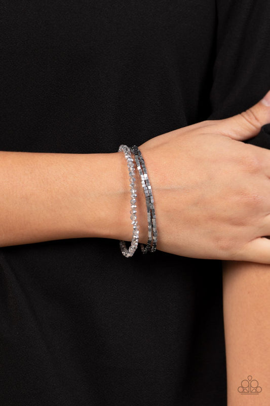 Just a Spritz - Silver Cube & Smoky Crystal-Like Beaded Paparazzi Set of 3 Stretch Bracelets