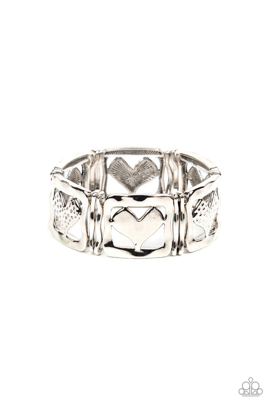 Legendary Lovers - Silver Hammered Heart Paparazzi Stretch Bracelet