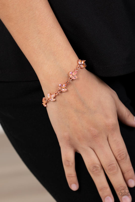 Gala Garland - Copper Leaf Frames & Marquise-Cut Iridescent Rhinestone Paparazzi Adjustable Bracelet