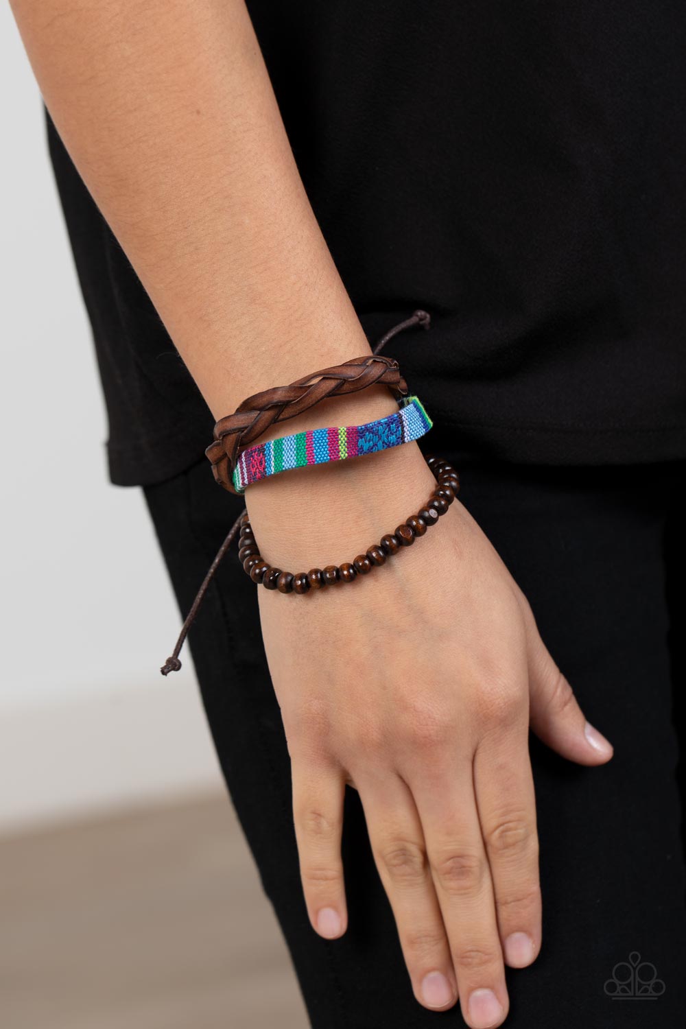 Textile Texting - Blue Textile Fabric, Braided Leather, & Wooden Beaded Paparazzi Urban Bracelet