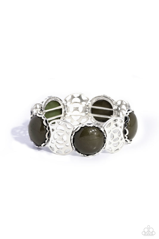 Ethereal Excursion - Green Olive Branch Beads/Cut-Out Silver Frames Paparazzi Stretch Bracelet