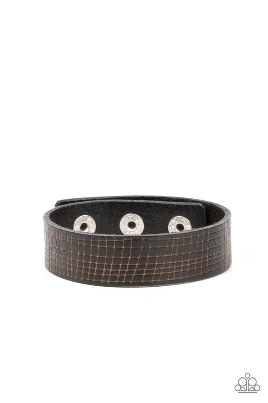 Rugged Reputation - Black Rugged Linear Patter Leather Paparazzi Snap Bracelet