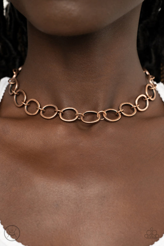 90's Nostalgia - Copper Antiqued Finish Imperfect Linked Circles Paparazzi Choker Necklace & matching earrings