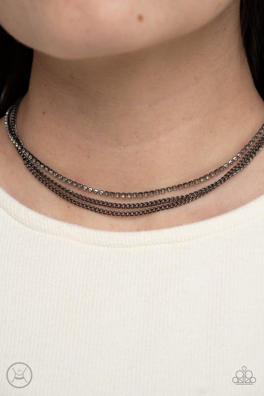 Glitzy Gusto - Gunmetal Chains/White Rhinestone Strand Paparazzi Choker Necklace & matching earrings