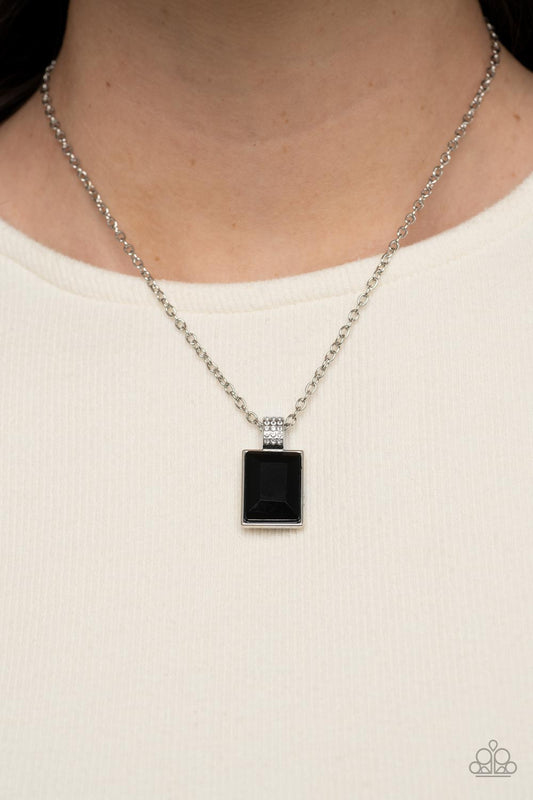 Understated Dazzle - Black Oversized Emerald Cut Rhinestone Pendant Paparazzi Necklace & matching earrings