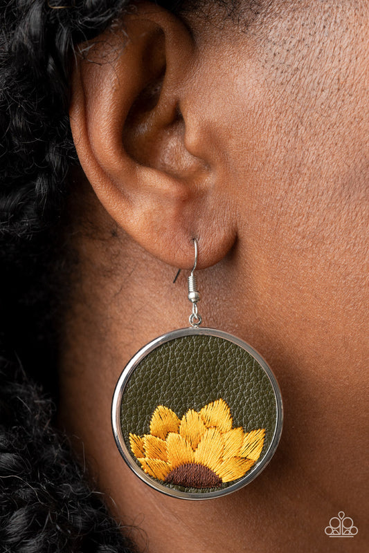 Sun-Kissed Sunflowers - Green Leather & Threaded Sunflower Paparazzi Earrings
