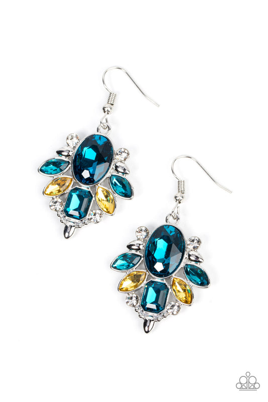 Glitzy Go-Getter - Multi Blue, White, & Yellow Rhinestone Paparazzi Earrings