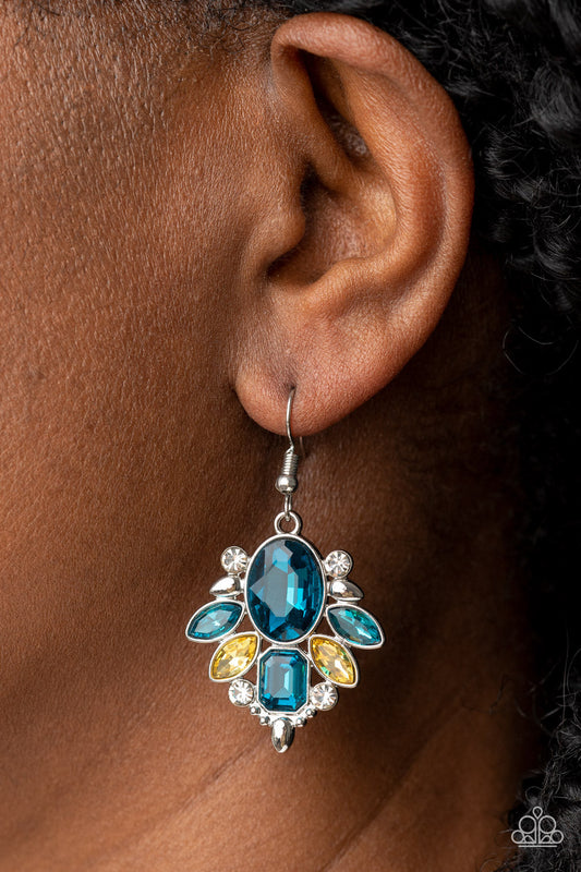 Glitzy Go-Getter - Multi Blue, White, & Yellow Rhinestone Paparazzi Earrings