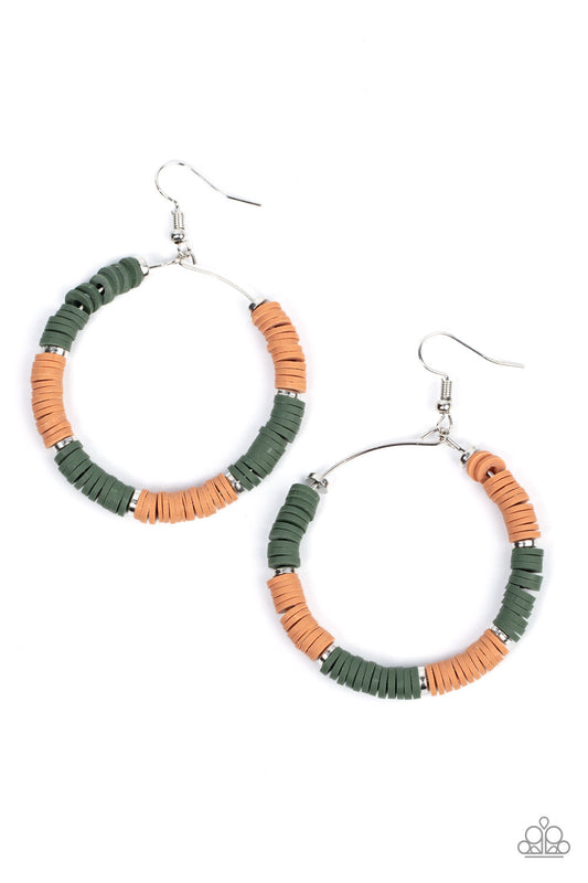 Skillfully Stacked - Green & Brown Rubber Disc Paparazzi Loop Earrings
