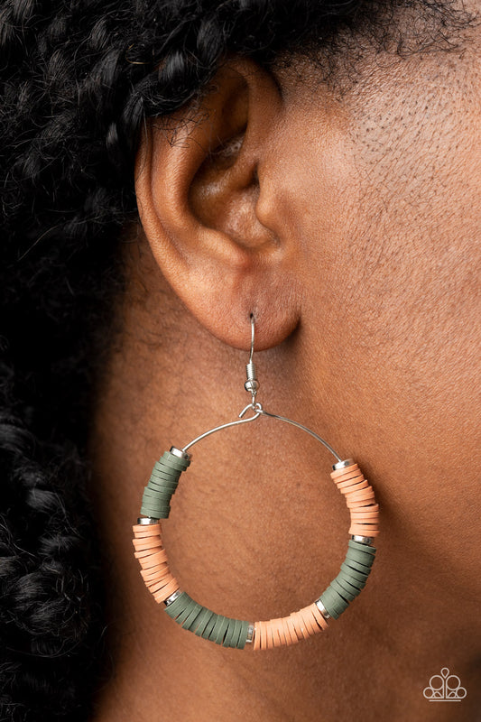 Skillfully Stacked - Green & Brown Rubber Disc Paparazzi Loop Earrings