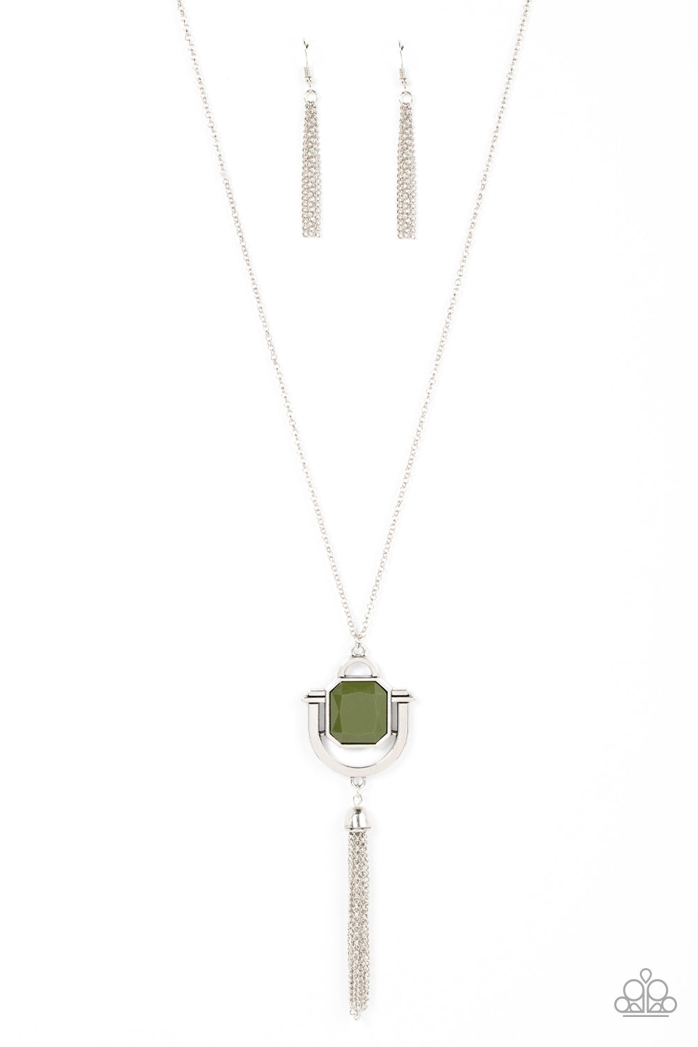 Funky Fringe - Green Bead & Stacked Southwestern Inspired Frame Pendant Paparazzi Necklace & matching earrings