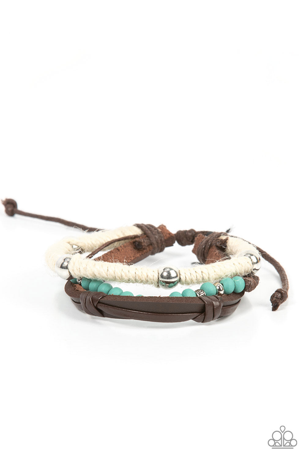 Timber Trail - Blue/Turquoise Wooden Beads, Brown Leather, & White Twine Paparazzi Urban Bracelet