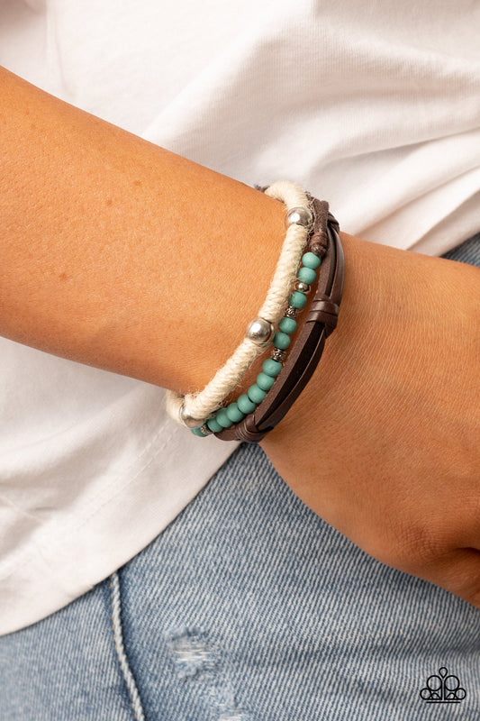 Timber Trail - Blue/Turquoise Wooden Beads, Brown Leather, & White Twine Paparazzi Urban Bracelet